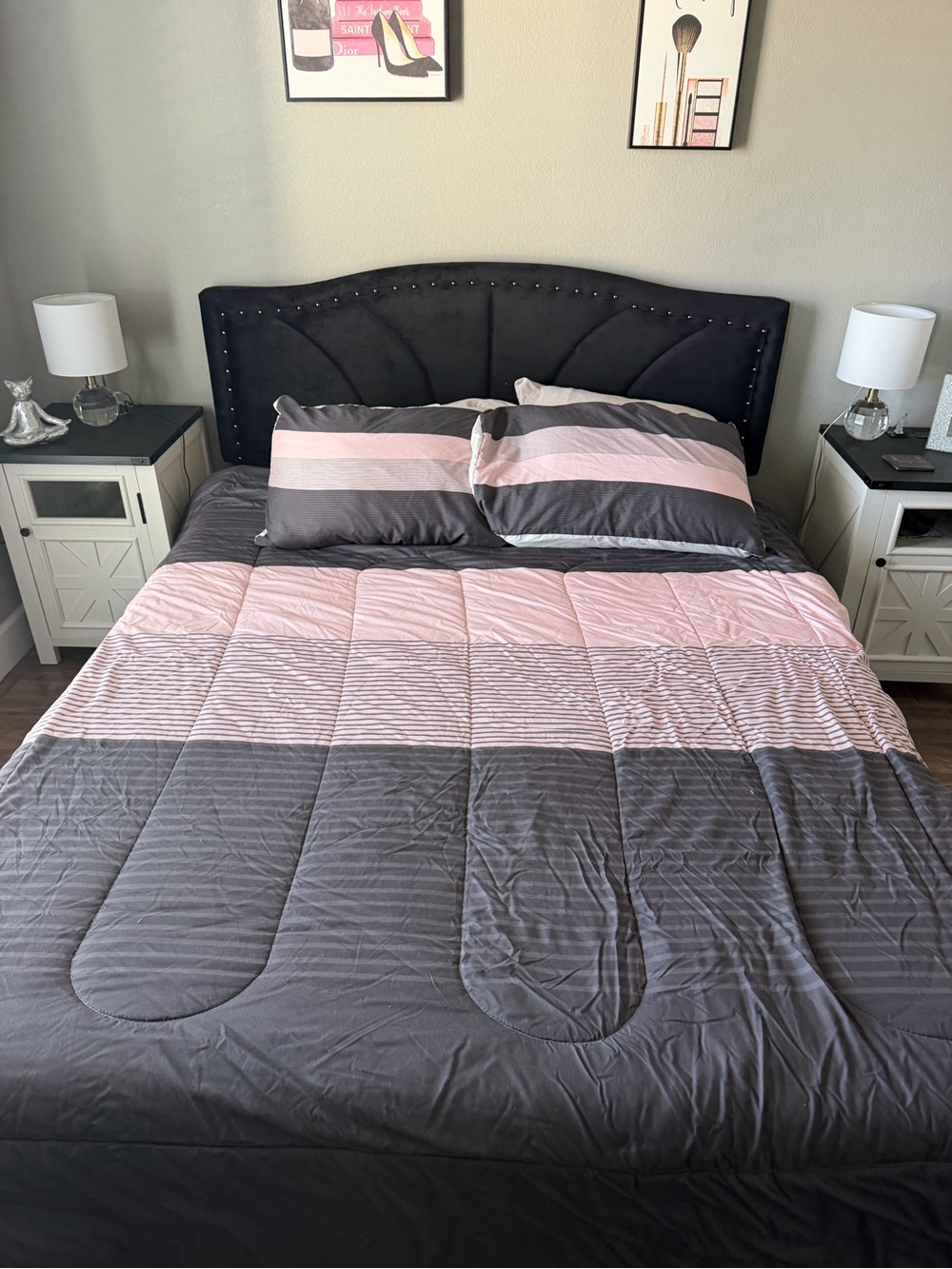 Gray and Pink Stripe Comforter Set - Home Bedding and shams